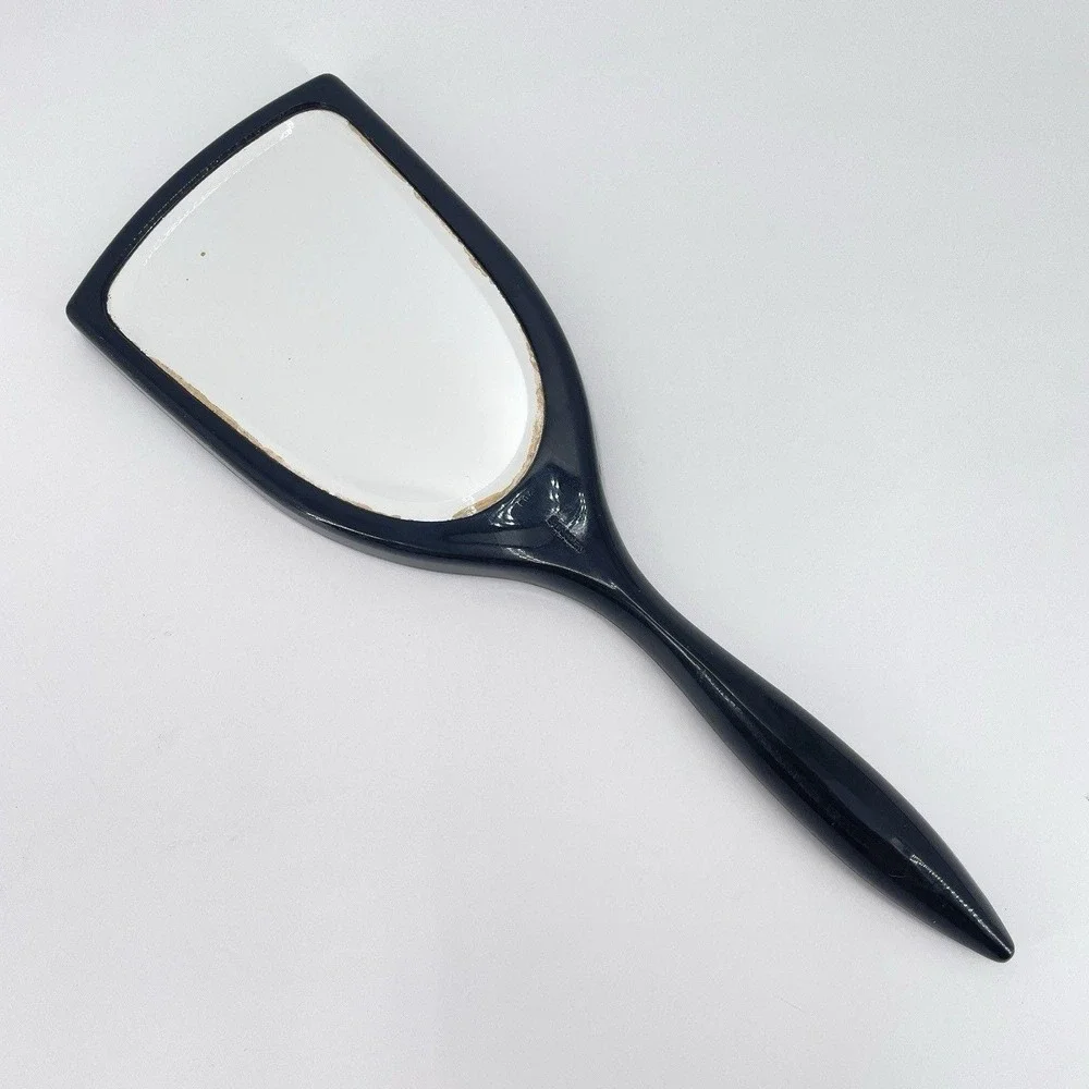 Stanley Handheld Vanity Mirror Mid Century Black Rhinestones 12